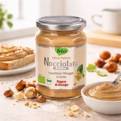 Italienische Nocciolata Glas auf Frühstückstisch