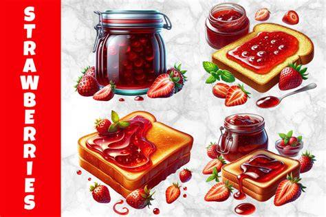 Jar of strawberry marmalade on toast