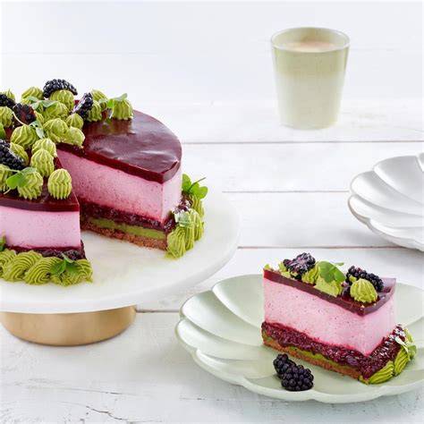 Joghurt-Eistorte mit Brombeeren, Frischkäse und Keksboden