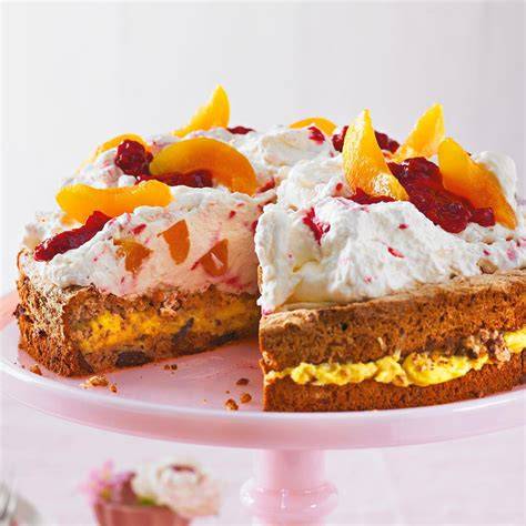 Joghurt-Sahne-Früchte-Torte mit Aprikosen, Erdbeeren und Himbeeren - Serviervorschlag
