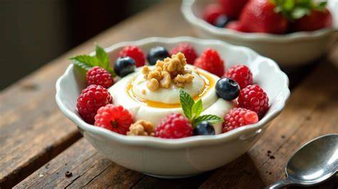 Joghurteis mit Toppings: Früchte und Nüsse