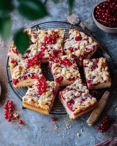 Johannisbeer Pudding Streuselkuchen angerichtet auf einem Teller
