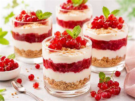 Johannisbeer-Dessert im Glas geschichtet mit Baiser