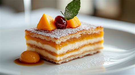 Käse-Sahne-Torte mit Puderzucker und frischen Früchten