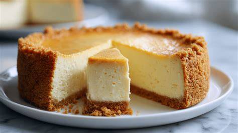 Käsekuchen angerichtet auf Tortenscheibe, glänzende Oberfläche