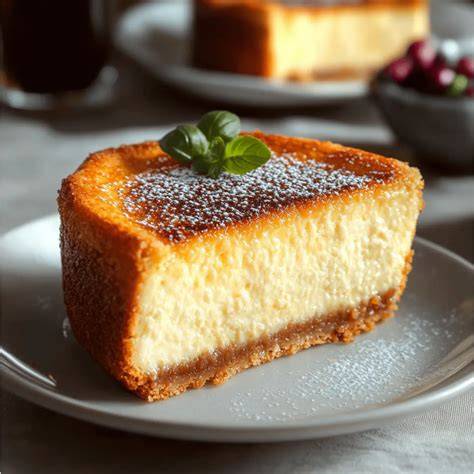 Käsekuchen im Anschnitt, cremige Textur und goldene Oberfläche