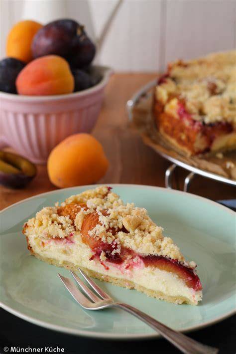 Käsekuchen mit Aprikosen und Zwetschgen auf einem Teller
