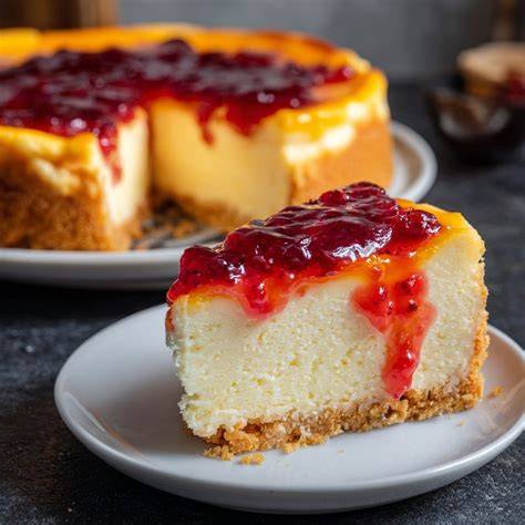 Käsekuchen mit Fruchtspiegel und Creme - kaschierte Oberfläche
