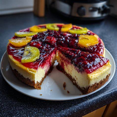 Käsekuchen mit Fruchtspiegel und goldener Oberfläche