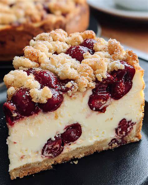 Käsekuchen mit Kirschen in der Backform nach dem Backen