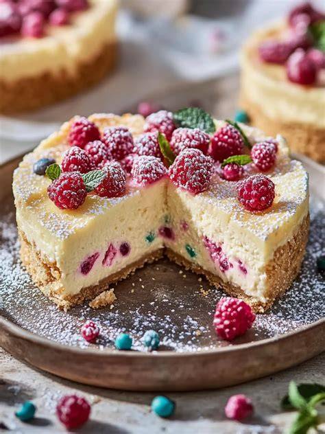 Käsekuchen mit buntem Beerenmix als Topping in sommerlichem Ambiente