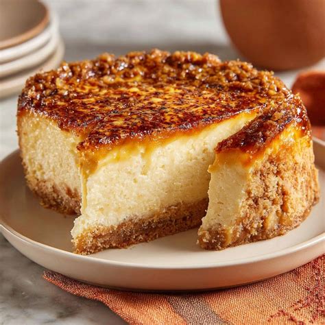 Käsekuchen mit goldener Karamellkruste auf einer Tortenplatte
