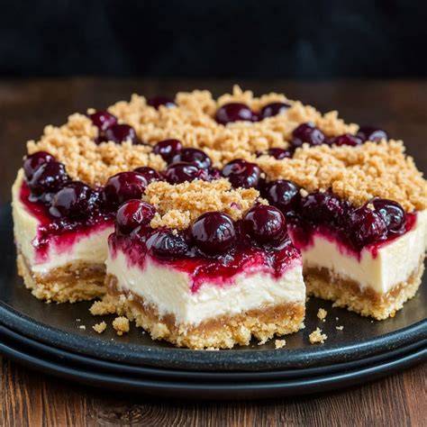 Käsekuchen mit knusprigen Streuseln und Kirschen garniert