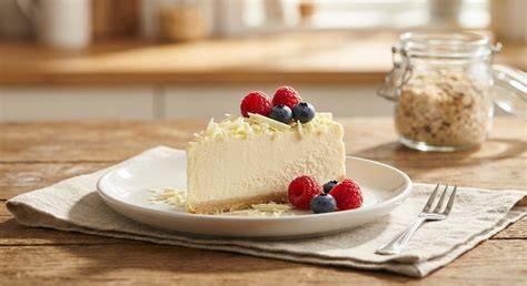 Käsekuchen mit weißer Schokolade und Beeren
