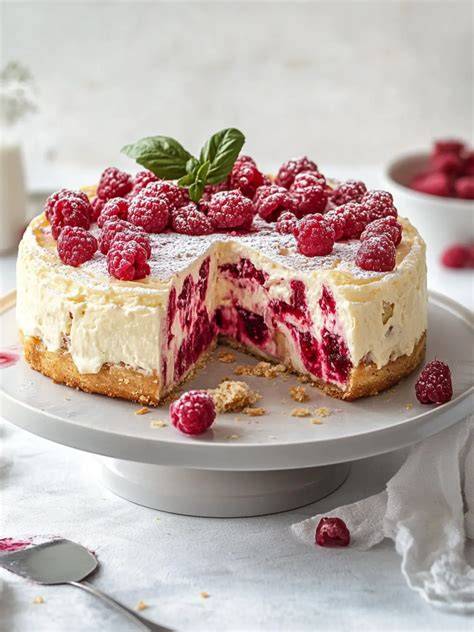 Käsekuchen mit weißer Schokolade und Himbeeren - Anschnitt