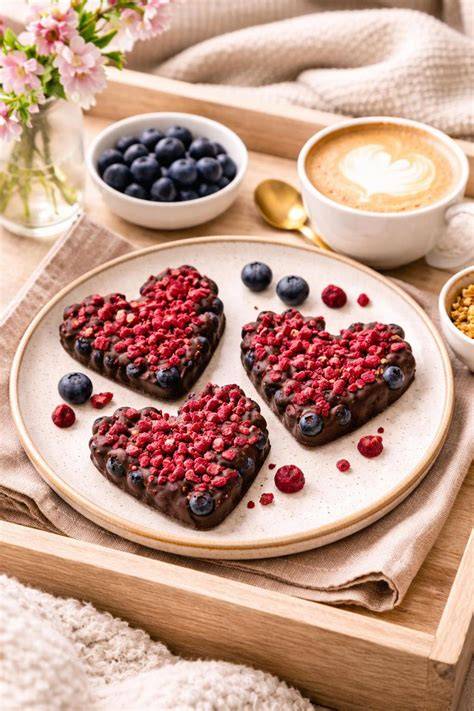 Käsekuchen-Kugeln auf einer Servierplatte, mit gefriergetrockneten Beeren dekoriert