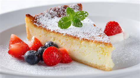 Käsekuchen-Muffins mit Puderzucker und Beeren garniert