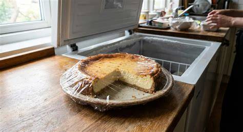 Käsekuchenstücke auf Pappe vor dem Einfrieren eingewickelt mit Frischhaltefolie