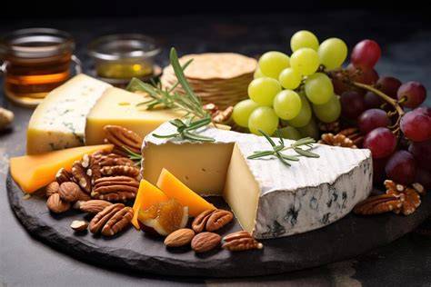 Käseplatte mit Früchten, Honig, Nüssen und Chutneys
