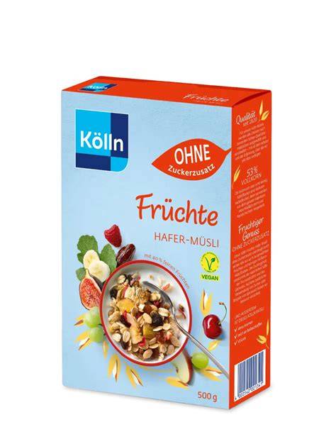 Kölln Früchte Müsli Packungen: hellblaue und orangebraune Varianten