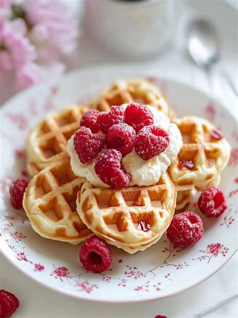 Köstliche fertige, goldbraune Herzwaffeln auf Teller angerichtet
