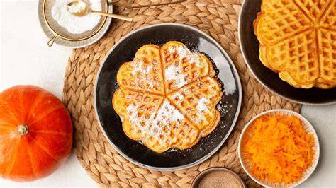Kürbiswaffeln auf einem Teller mit Ahornsirup und Zimt