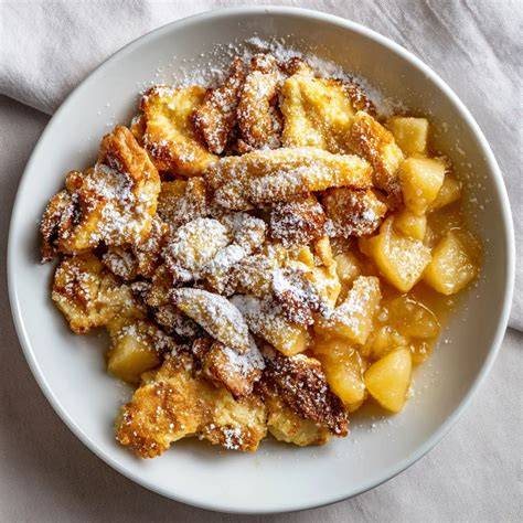 Kaiserschmarrn mit Puderzucker und Apfelkompott auf Teller serviert