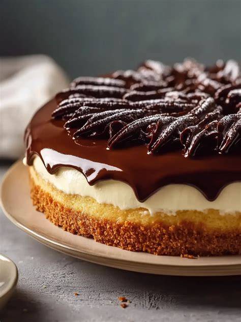 Kalter Boston Cream Pie mit glänzender Schokoladenglasur