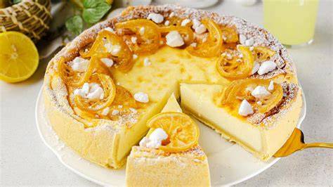 Kandierte Zitronenscheiben dekorativ auf Limoncello Käsekuchen angerichtet