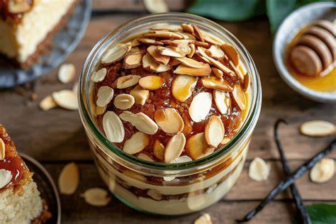 Karamellisierte Mandeln mit Melonenschichten im Glas