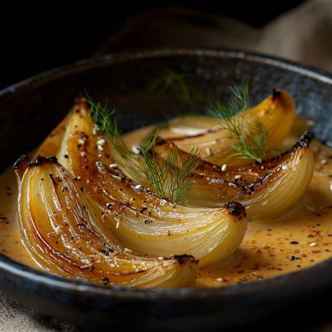 Karamellisierter Fenchel mit Fenchelsamen und Ziegenjoghurt