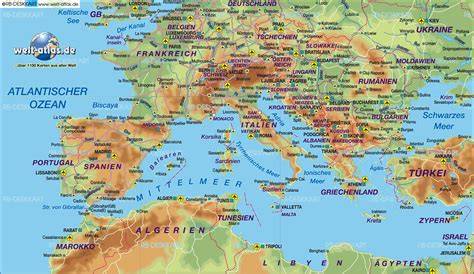 Karte Europas mit Nougat-Herkunftsregionen (Spanien, Italien, Frankreich)