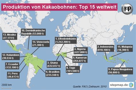Karte Herkunftsregionen von Kakaobohnen und Risiko für Cadmiumaufnahme