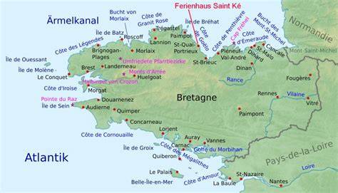 Karte der Bretagne und kulinarische Spezialitäten: Crêpes, Fleur de Sel, Salzkaramell