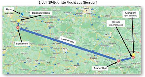 Karte der Fluchtroute der Familie Zucker von Ost nach Westdeutschland