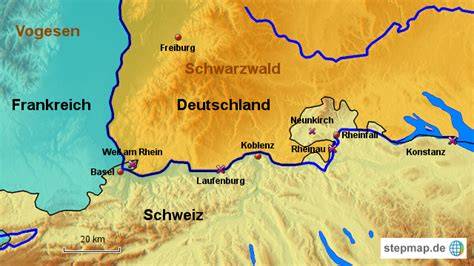 Karte mit dem Dreiländereck Deutschland/Frankreich/Schweiz und Standort Weil am Rhein