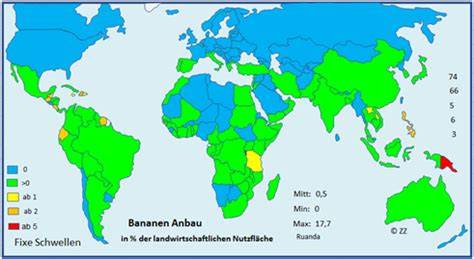 Karte mit den wichtigsten Anbaugebieten der Banane weltweit