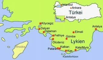 Karte von Lykien (heutige Türkei) und Standort von Myra