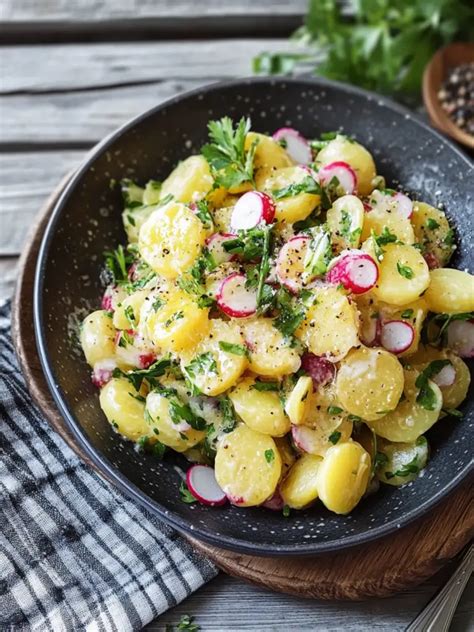 Kartoffelsalat mit Honig-Senf-Dressing auf Teller