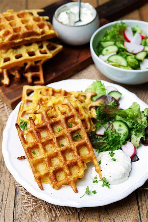 Kartoffelwaffeln auf dem Büfett mit Dips und Lachs