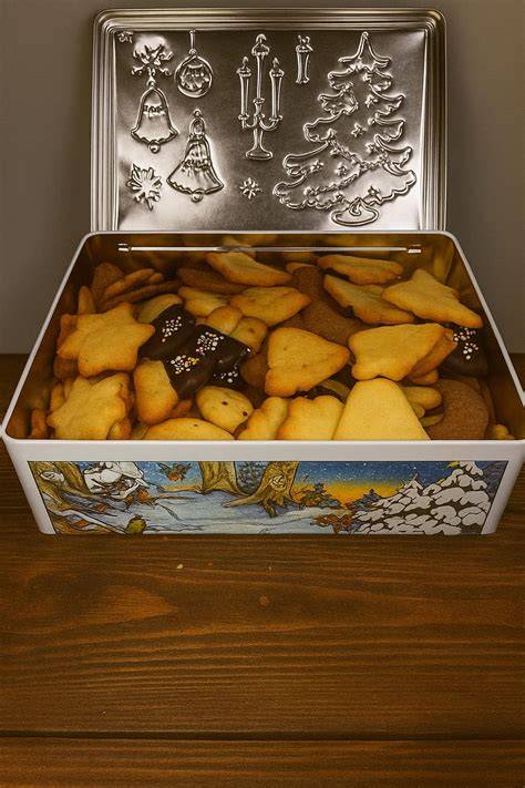 Keksdose mit gemischten Weihnachtskeksen