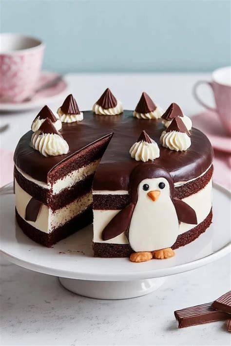 Kinder Pingui Kuchen, angeschnitten, serviert auf einer Festtagstafel