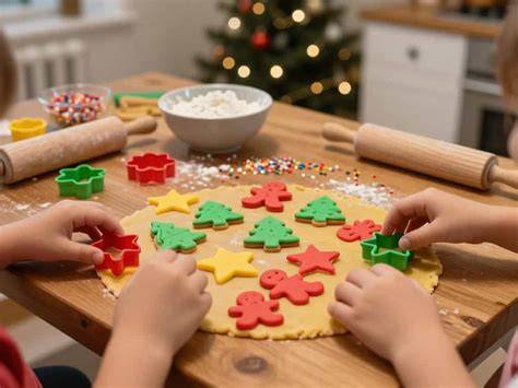Kinder beim Ausstechen und Verzieren gesunder Eierplätzchen