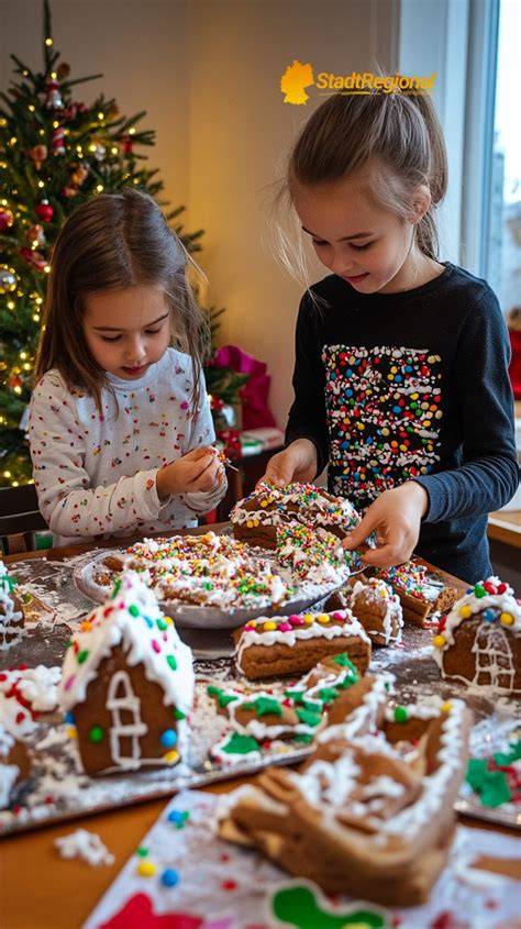 Kinder beim Verzieren von Lebkuchenmännchen, Schürzen, Backzubehör, Plätzchendose