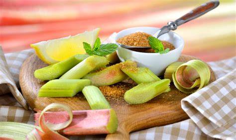 Kinder essen rohen Rhabarber mit Zucker