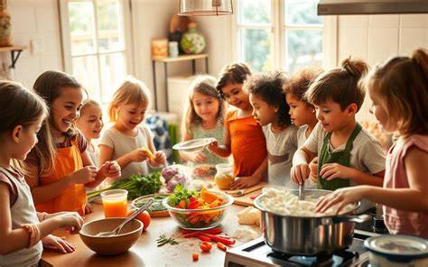 Kinder schütteln gemeinsam ein Glas mit Gurken und haben Spaß beim Kochen