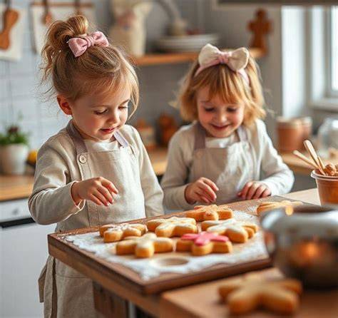 Kinder und Erwachsene stellen gemeinsam weiße Pralinen in der Küche her