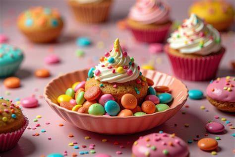 Kinderdessert mit bunten Süßigkeiten
