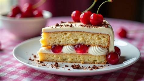 Kirsch-Marzipan-Torte mit detailreicher Dekoration auf Porzellanteller