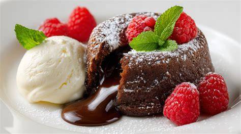 Kladdkaka mit Vanilleeis und Himbeeren
